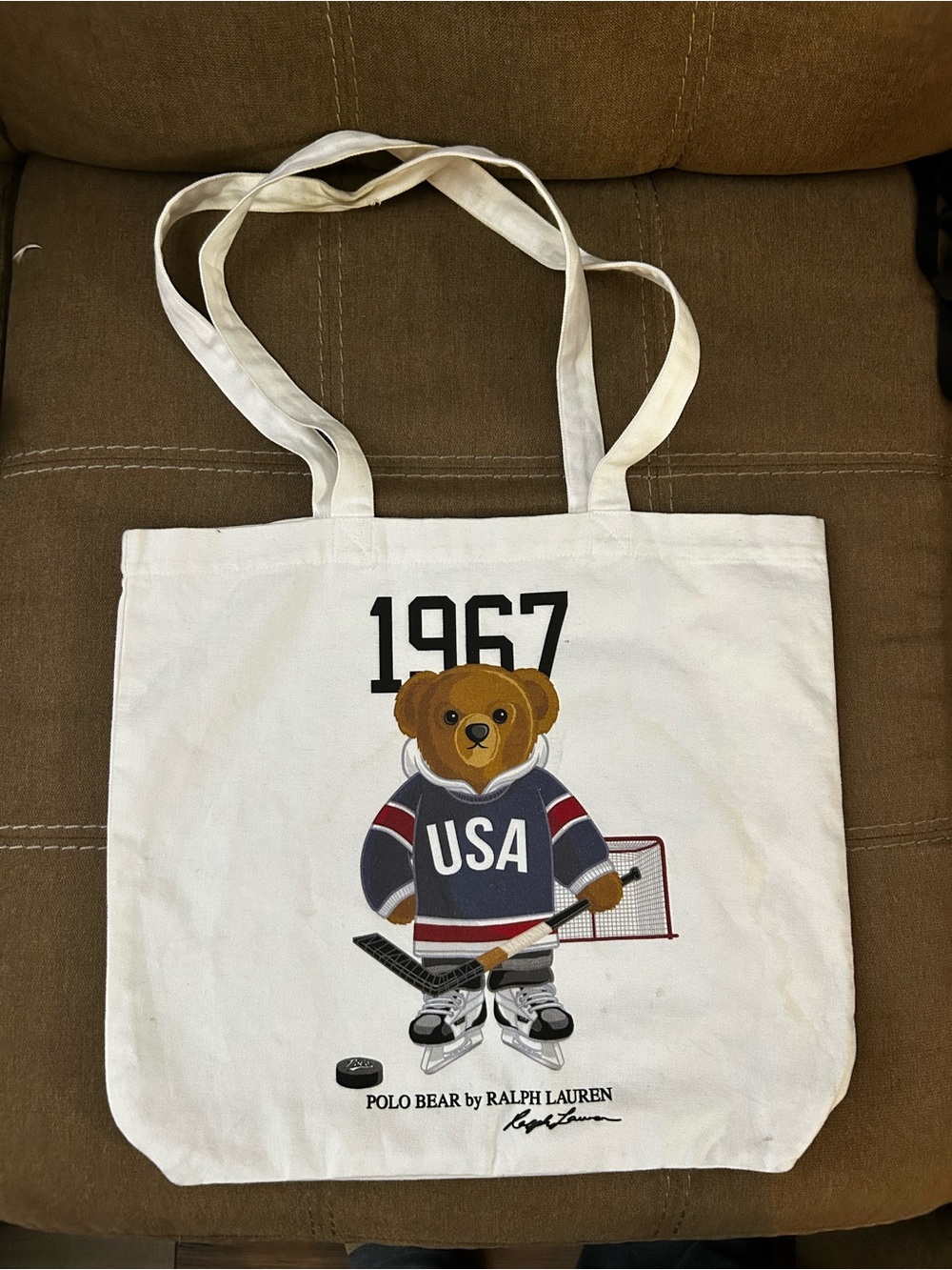 Ralph Lauren White Canvas Tote with Polo Bear USA Graphic
